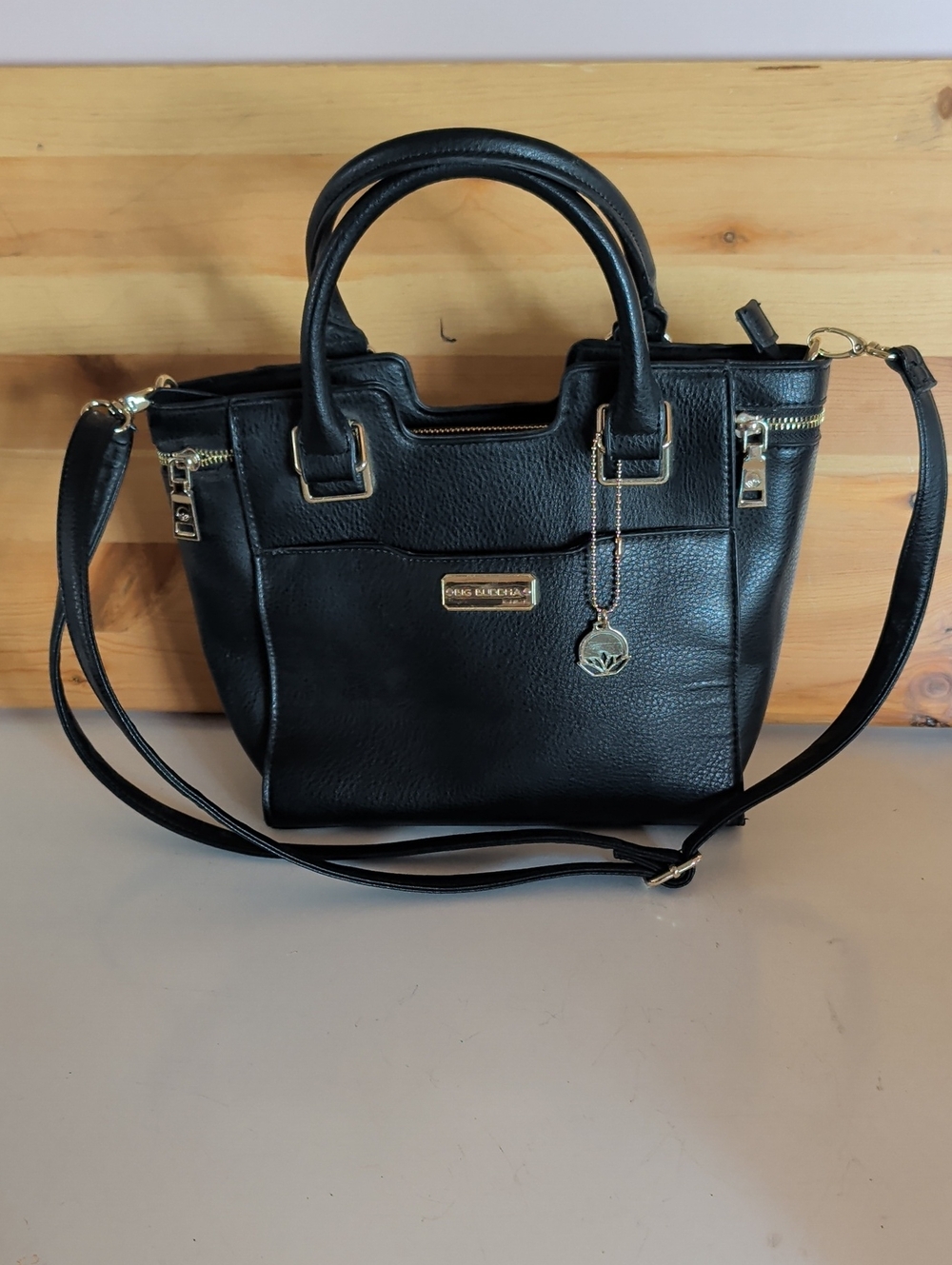 Big Buddha, Chic Black Women's Satchel Handbag with Gold Hardware.